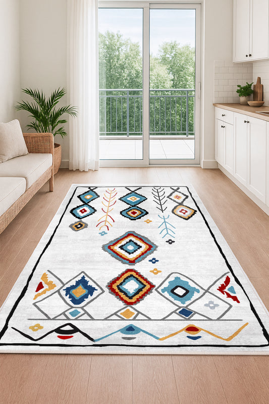 West Home Dijital Baskılı Yıkanabilir Kaymaz Taban Salon, Mutfak ve Yolluk Halısı-713 White