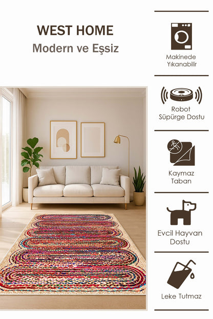West Home Dijital Baskılı Yıkanabilir Kaymaz Taban Salon, Mutfak ve Yolluk Halısı-792 Multy