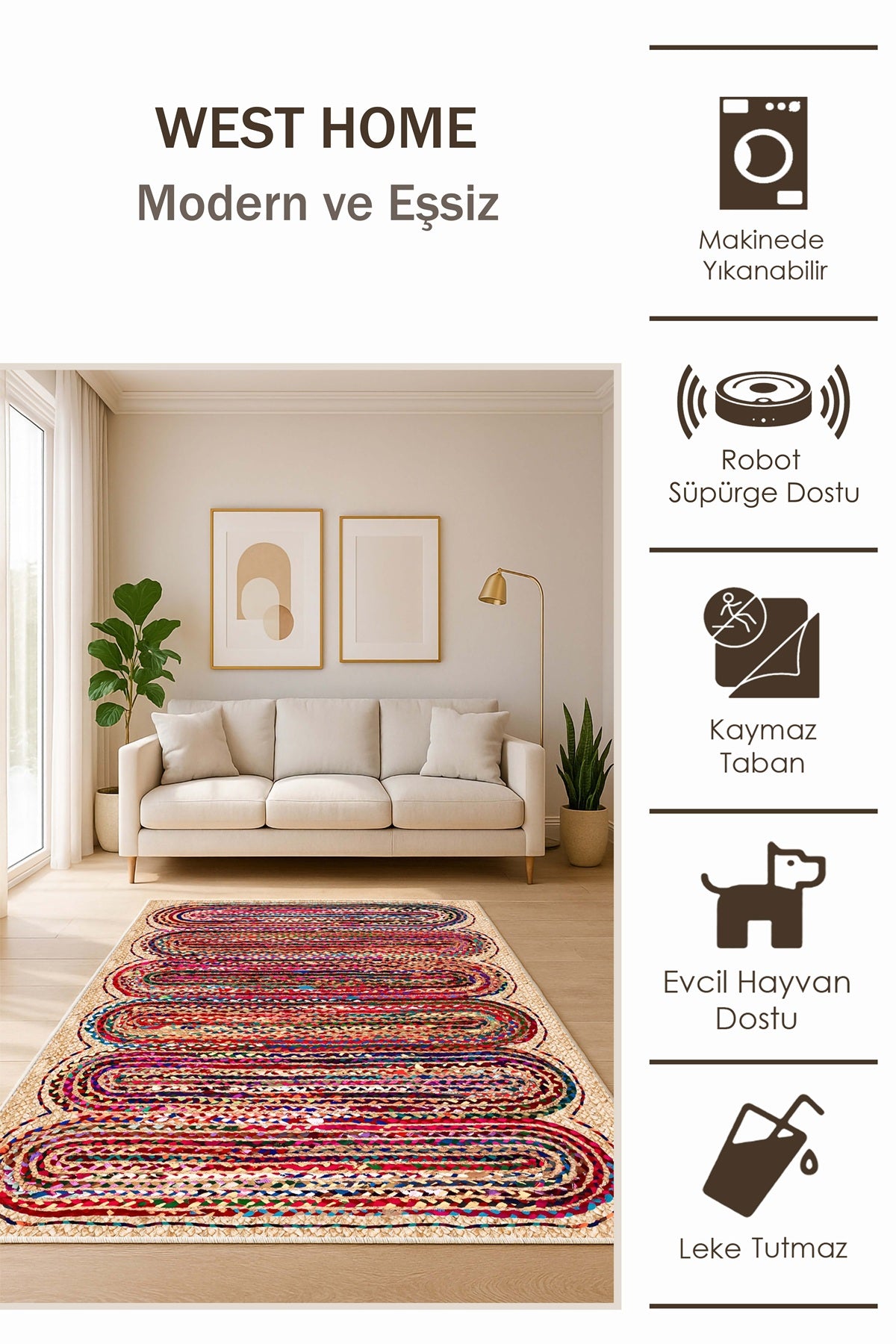 West Home Dijital Baskılı Yıkanabilir Kaymaz Taban Salon, Mutfak ve Yolluk Halısı-728 Multy