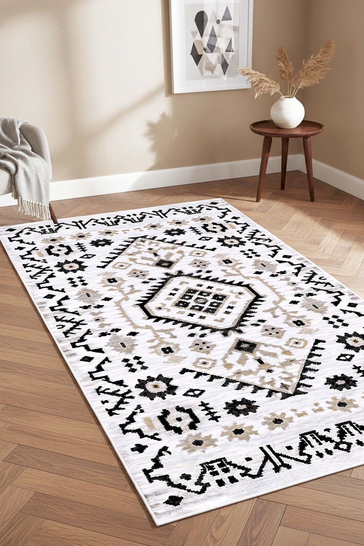 West Home Digital Print Washable Non-Slip Living Room, Kitchen and Hallway Rug - 855 White