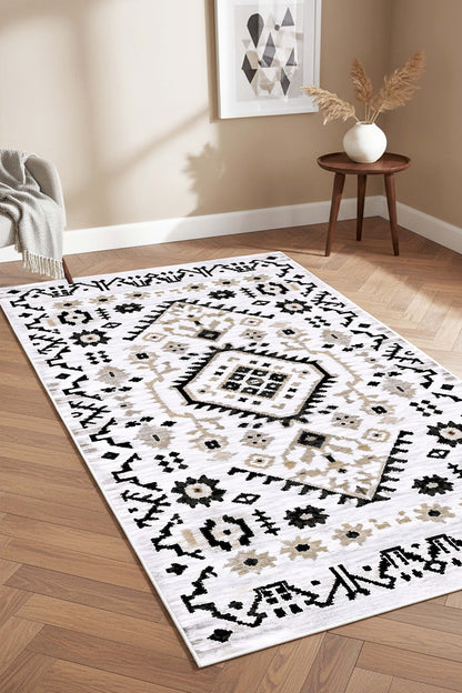 West Home Digital Print Washable Non-Slip Living Room, Kitchen and Hallway Rug - 855 White