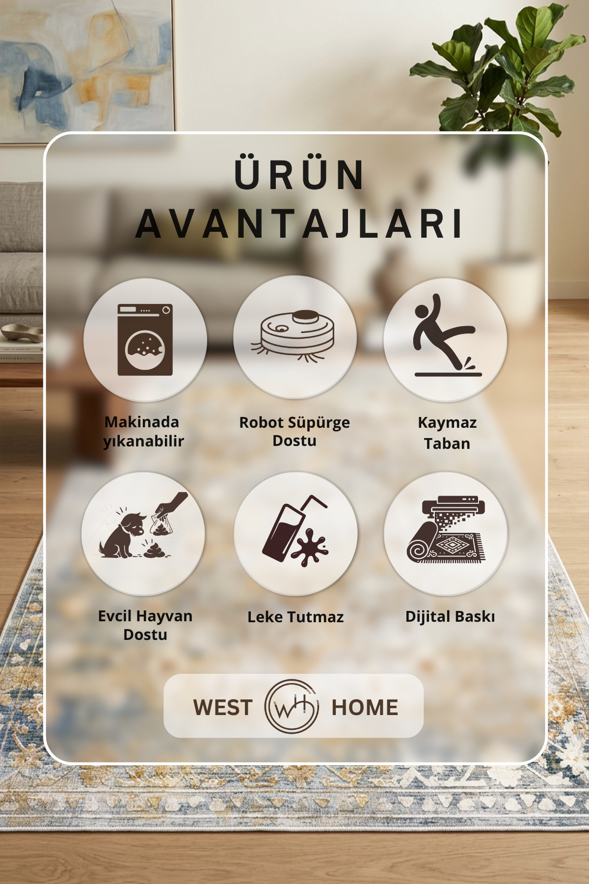 West Home Dijital Baskılı Yıkanabilir Kaymaz Taban Salon, Mutfak ve Yolluk Halısı-858 Multy