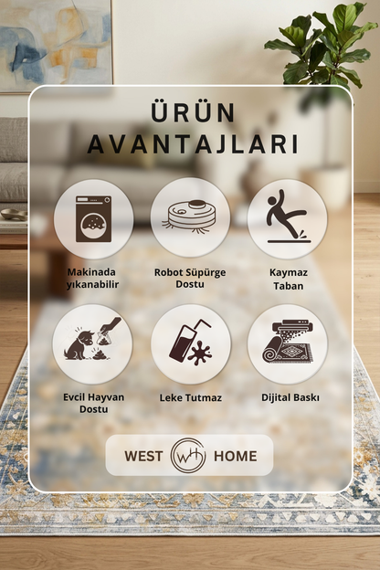 West Home Dijital Baskılı Yıkanabilir Kaymaz Taban Salon, Mutfak ve Yolluk Halısı-858 Multy