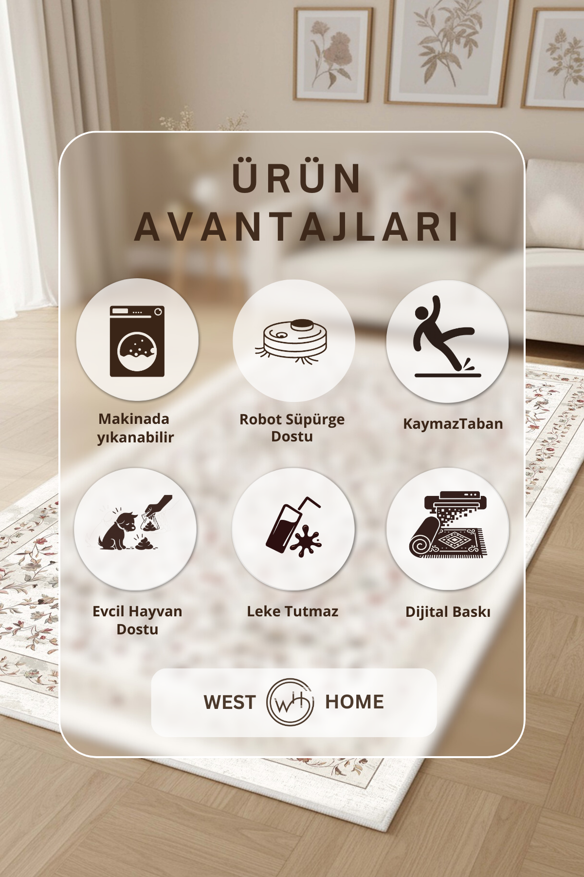 West Home Dijital Baskılı Yıkanabilir Kaymaz Taban Salon, Mutfak ve Yolluk Halısı-877 White