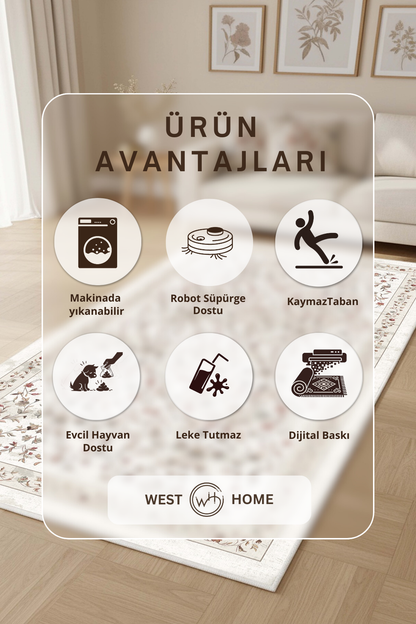 West Home Dijital Baskılı Yıkanabilir Kaymaz Taban Salon, Mutfak ve Yolluk Halısı-877 White
