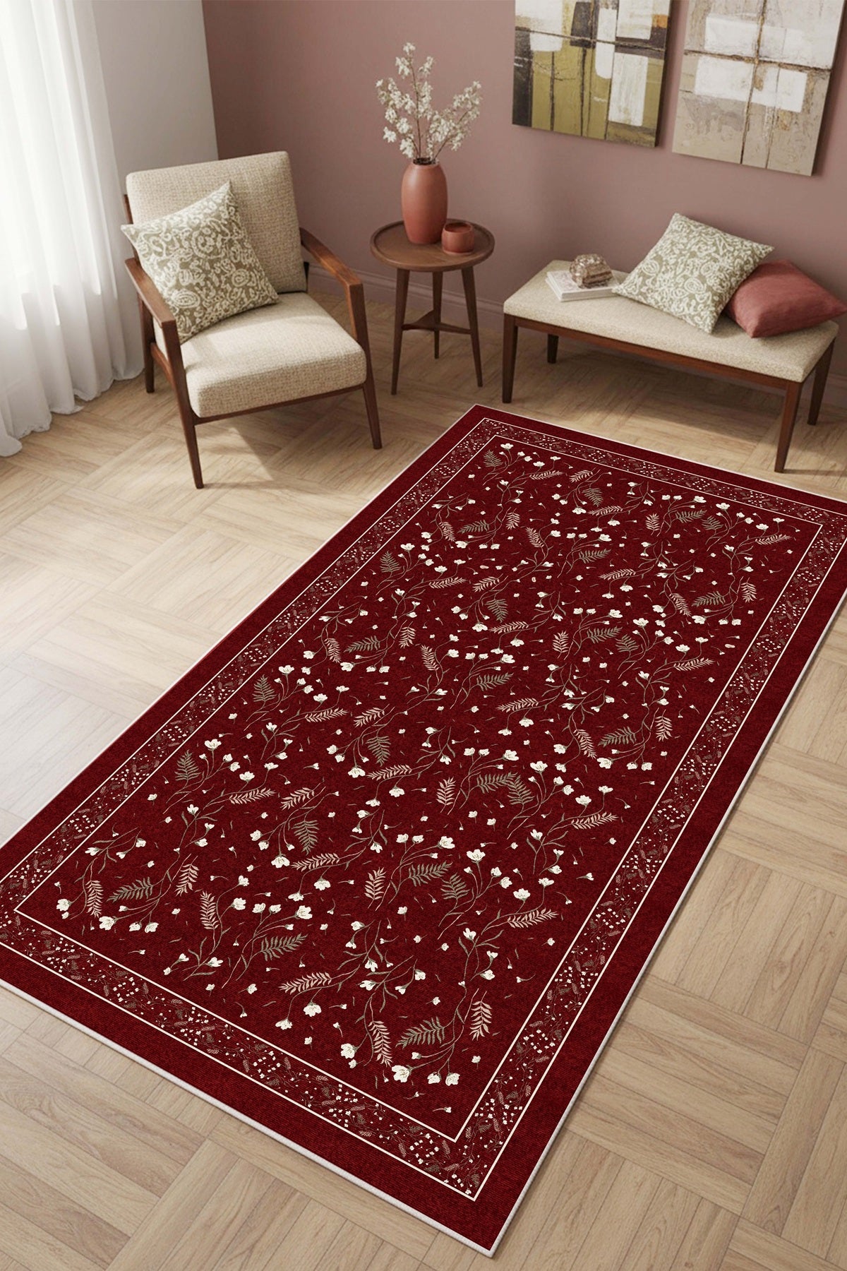 West Home Digital Print Washable Non-Slip Living Room, Kitchen and Hallway Rug - 839 White