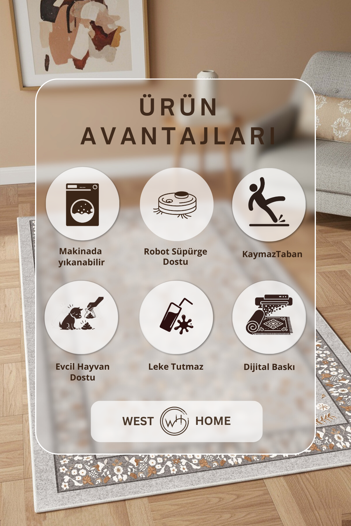 West Home Digital Print Washable Non-Slip Living Room, Kitchen and Hallway Rug - 281 Grey