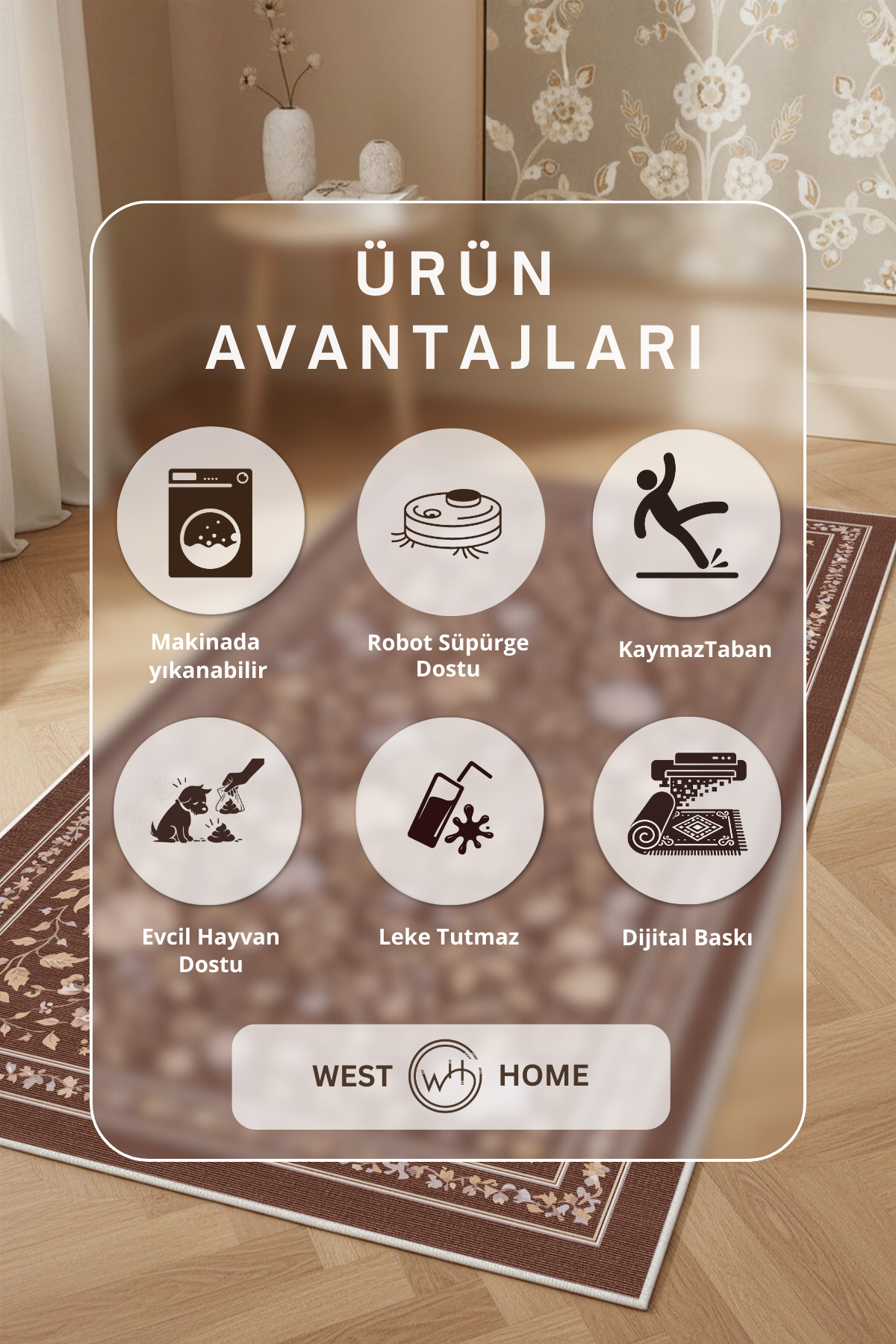 West Home Digital Print Washable Non-Slip Living Room, Kitchen and Hallway Rug - 766 Brown