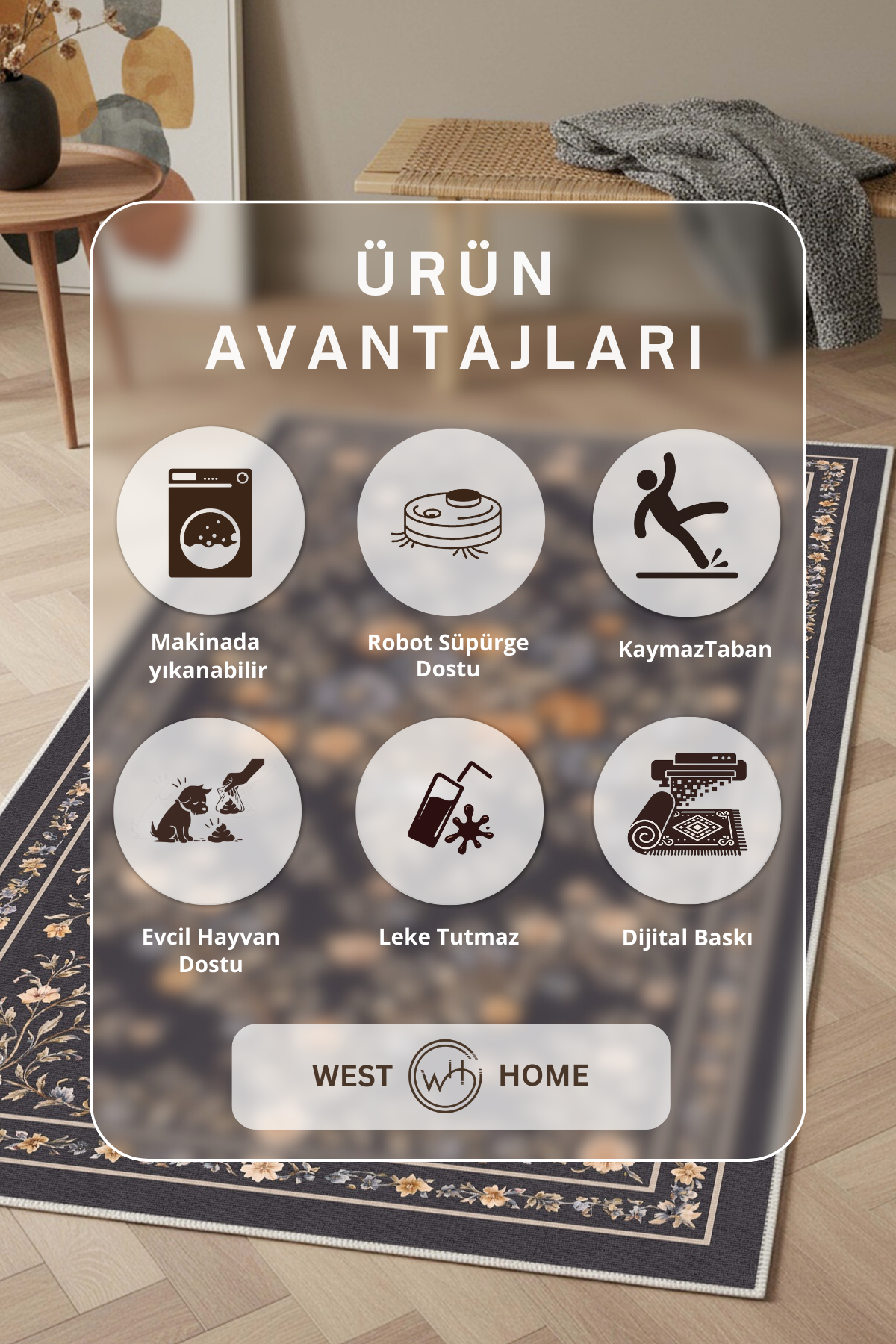 West Home Dijital Baskılı Yıkanabilir Kaymaz Taban Salon, Mutfak ve Yolluk Halısı-881 Anthratice