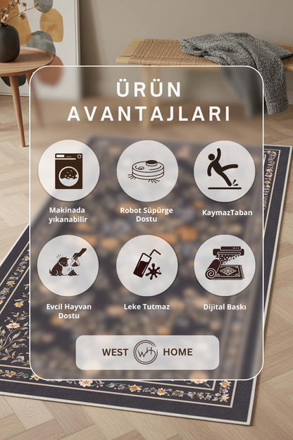 West Home Dijital Baskılı Yıkanabilir Kaymaz Taban Salon, Mutfak ve Yolluk Halısı-881 Anthratice