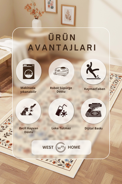 West Home Dijital Baskılı Yıkanabilir Kaymaz Taban Salon, Mutfak ve Yolluk Halısı-882 Beige
