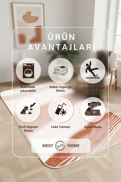 West Home Dijital Baskılı Yıkanabilir Kaymaz Taban Salon, Mutfak ve Yolluk Halısı-883 Beige