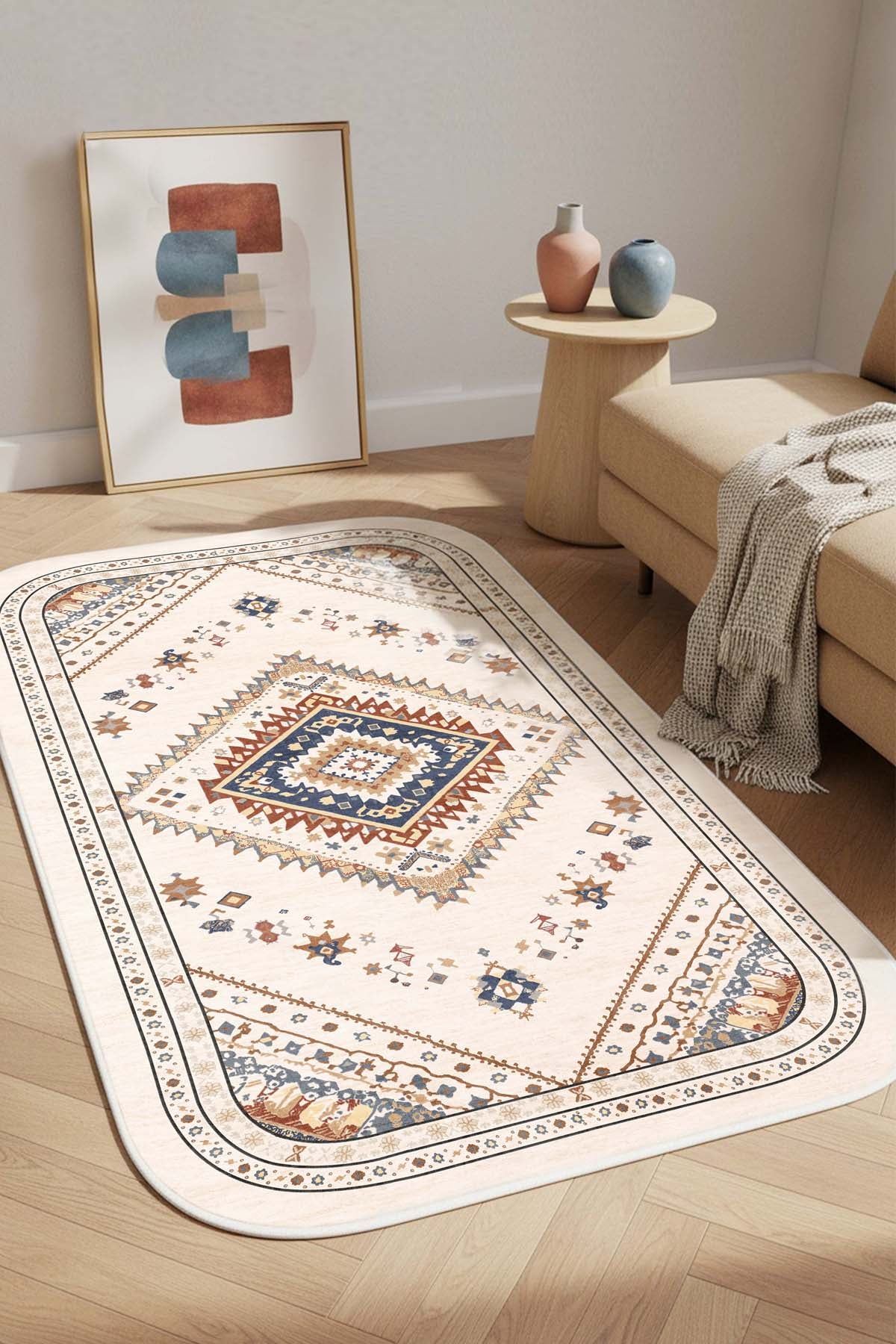 West Home Digital Print Washable Non-Slip Living Room, Kitchen and Hallway Rug - 875 Beige