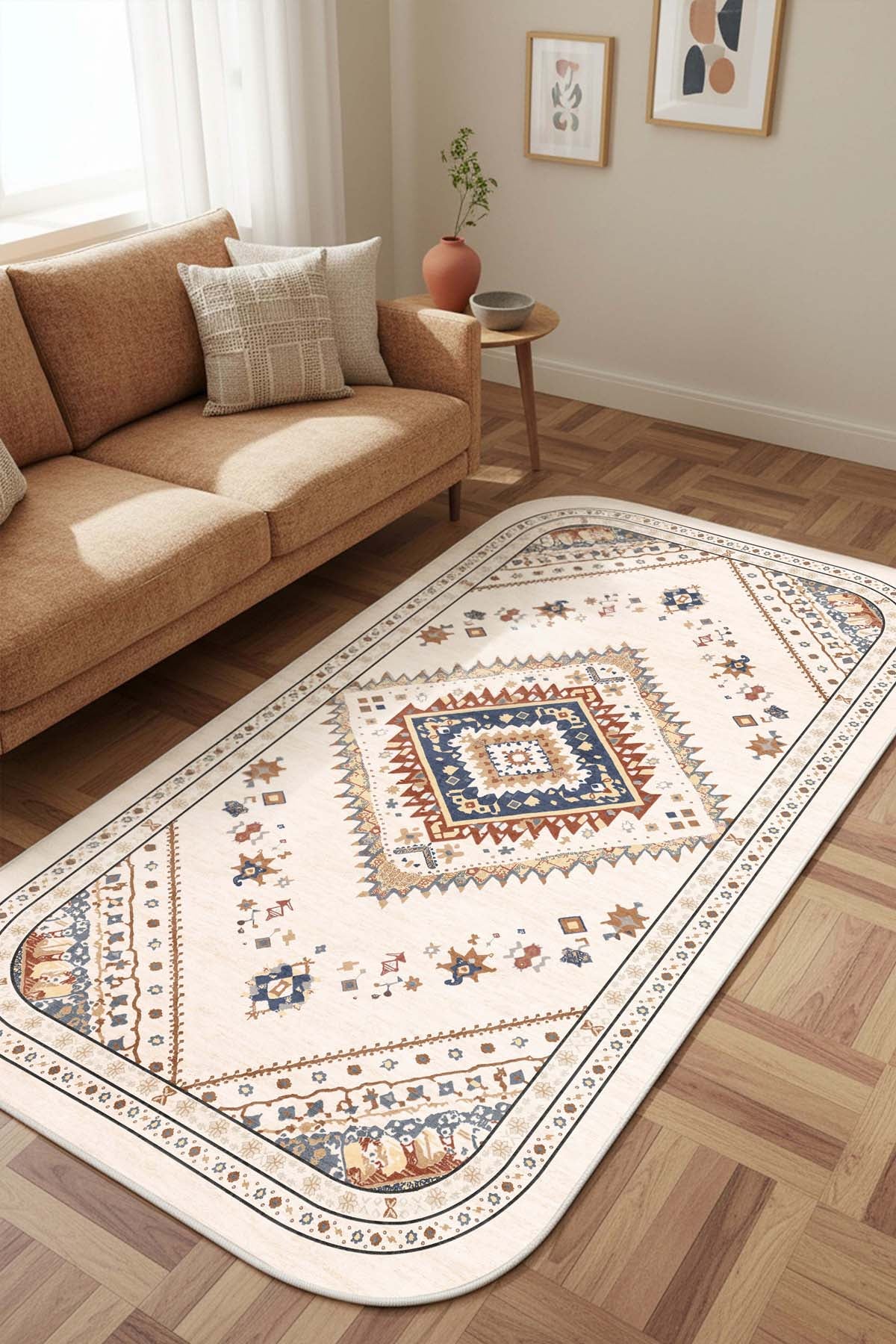 West Home Digital Print Washable Non-Slip Living Room, Kitchen and Hallway Rug - 875 Beige