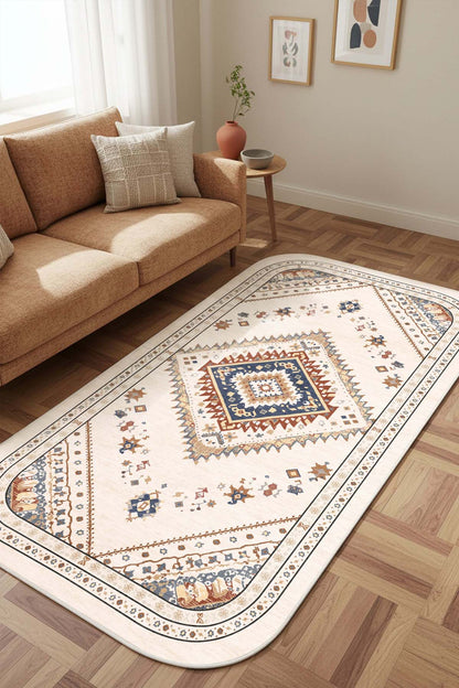 West Home Digital Print Washable Non-Slip Living Room, Kitchen and Hallway Rug - 875 Beige