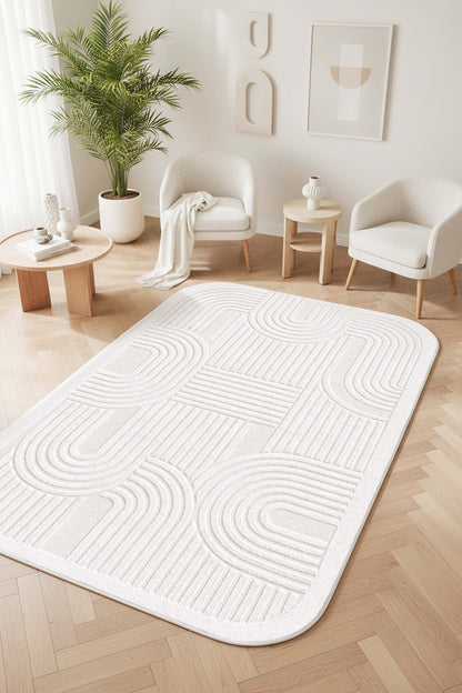 West Home Dijital Baskılı Yıkanabilir Kaymaz Taban Salon, Mutfak ve Yolluk Halısı-886 White