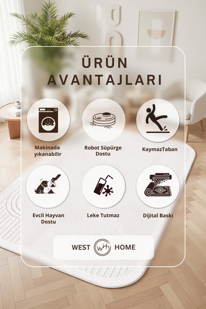 West Home Dijital Baskılı Yıkanabilir Kaymaz Taban Salon, Mutfak ve Yolluk Halısı-886 White