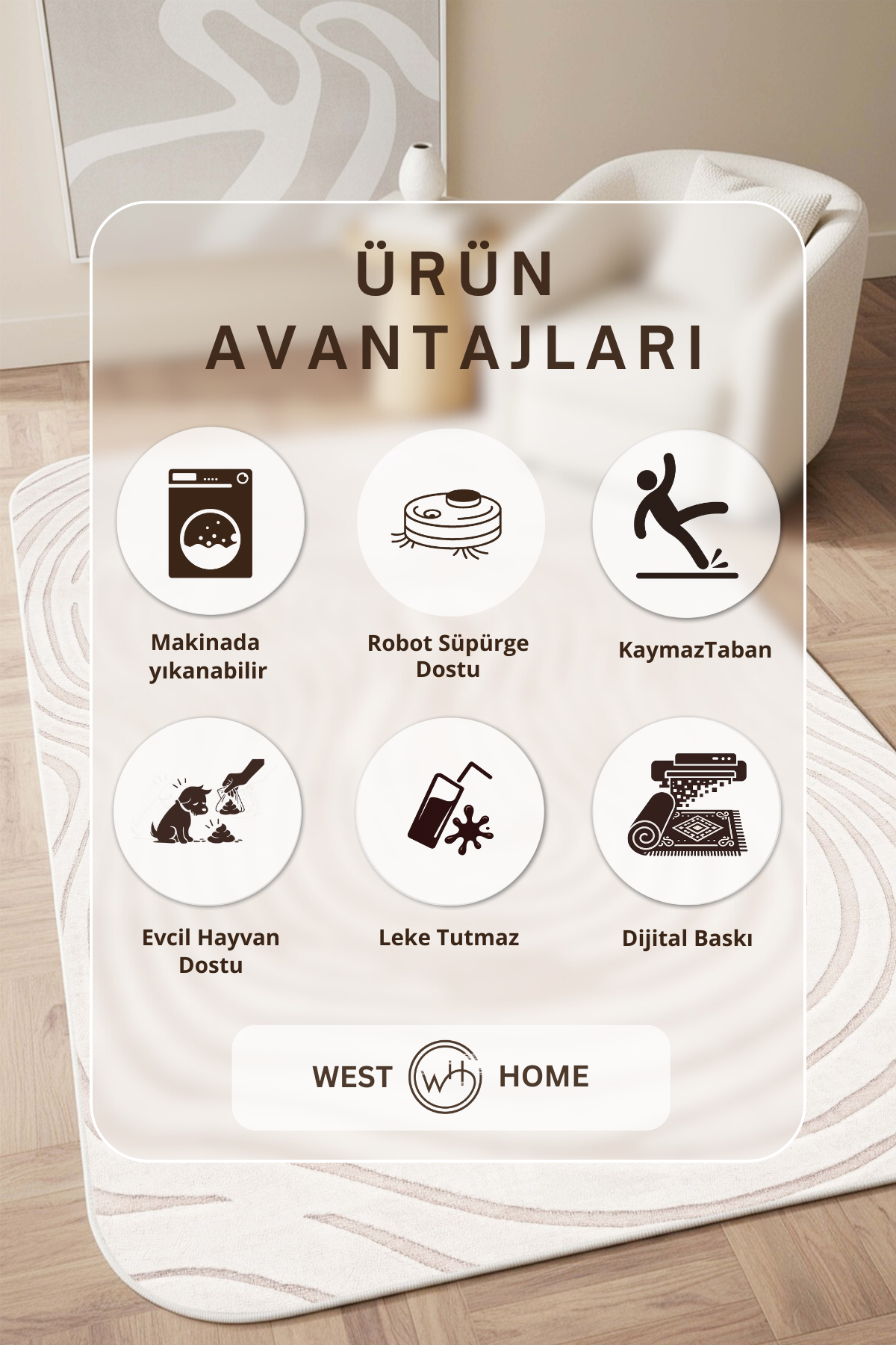 West Home Dijital Baskılı Yıkanabilir Kaymaz Taban Salon, Mutfak ve Yolluk Halısı-887 Beige