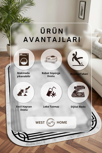 West Home Dijital Baskılı Yıkanabilir Kaymaz Taban Salon, Mutfak ve Yolluk Halısı-888 Grey