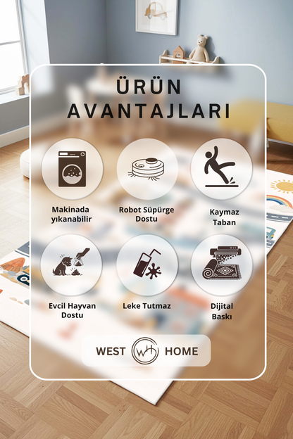 West Home Makinede Yıkanabilir, Çocuk Halısı-891 White