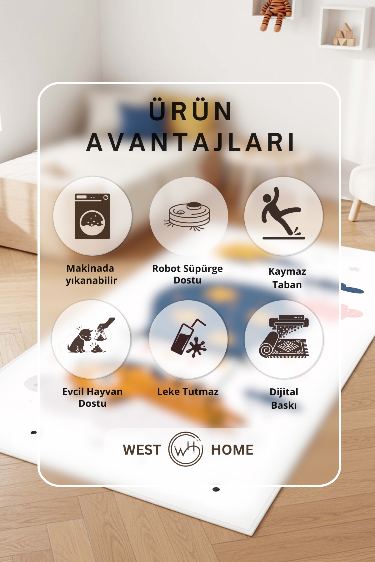 West Home Makinede Yıkanabilir, Çocuk Halısı-893 White