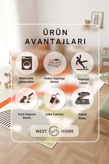 West Home Dijital Baskılı Yıkanabilir Kaymaz Taban Çocuk Halısı-895 Multy