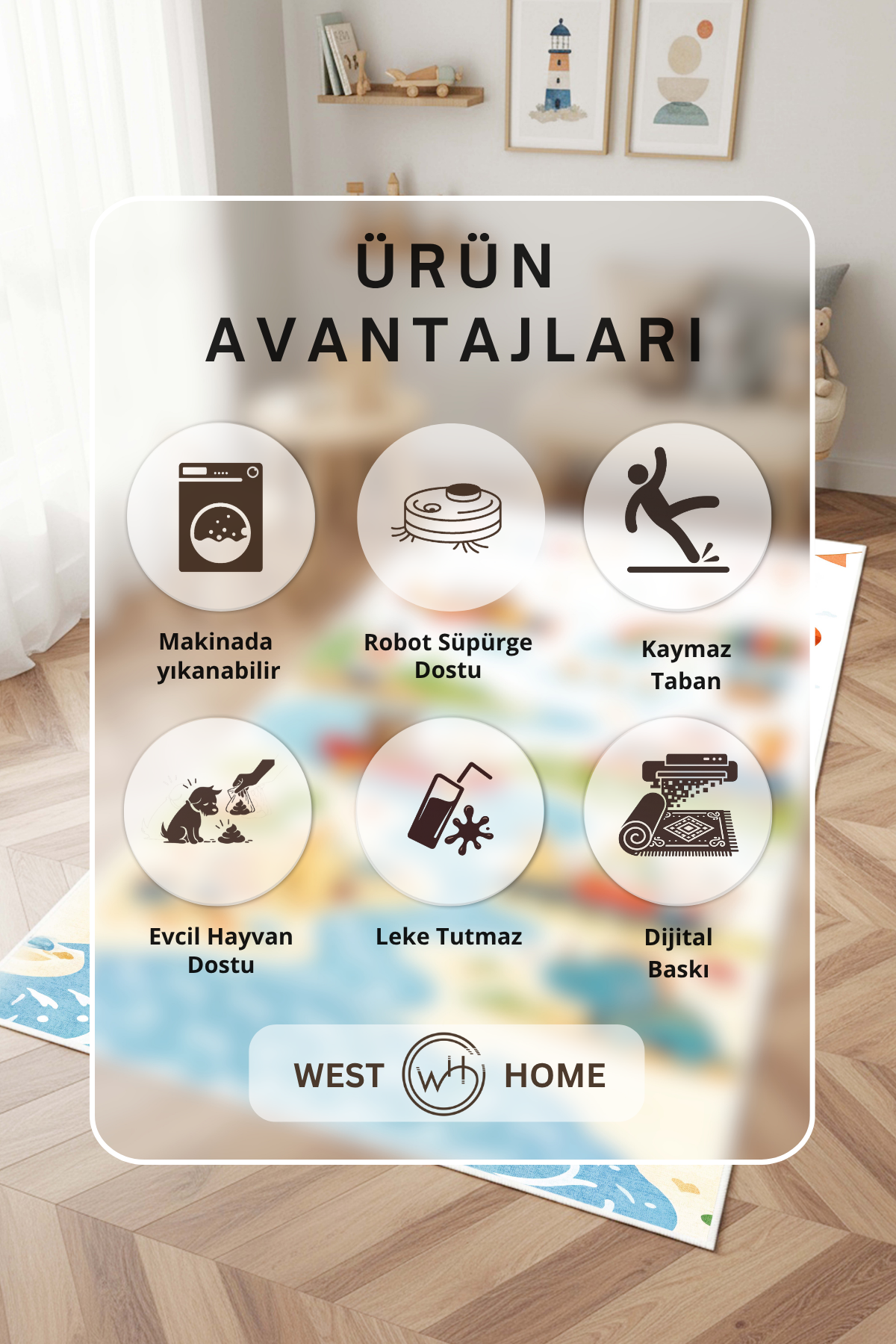 West Home Dijital Baskılı Yıkanabilir Kaymaz Taban Çocuk Halısı-896 Multy