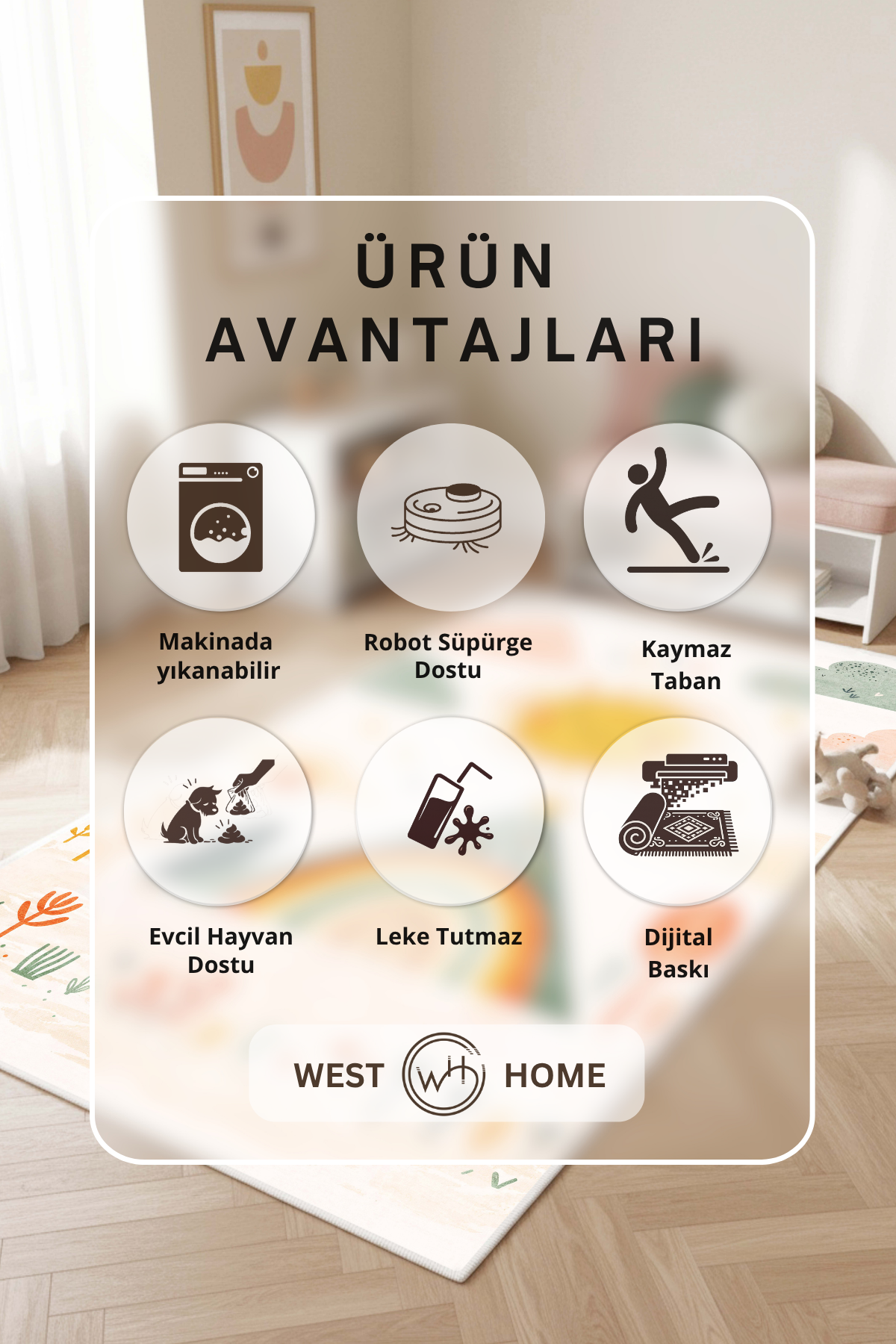 West Home Makinede Yıkanabilir, Çocuk Halısı-899 Beige