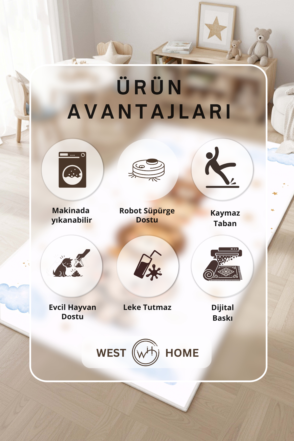 West Home Makinede Yıkanabilir, Çocuk Halısı-900 White