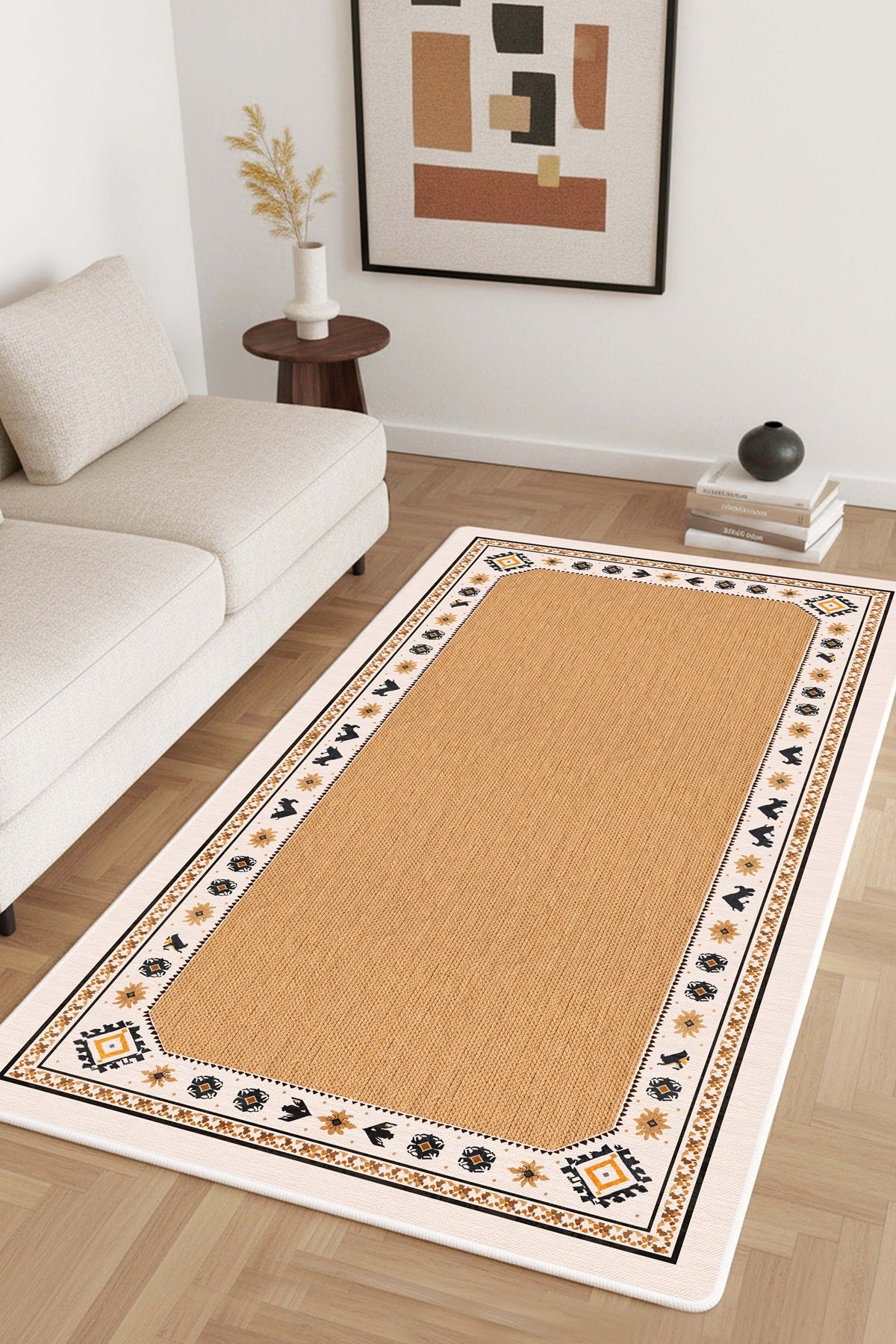 West Home Digital Print Washable Non-Slip Living Room, Kitchen and Hallway Rug - 786 Beige