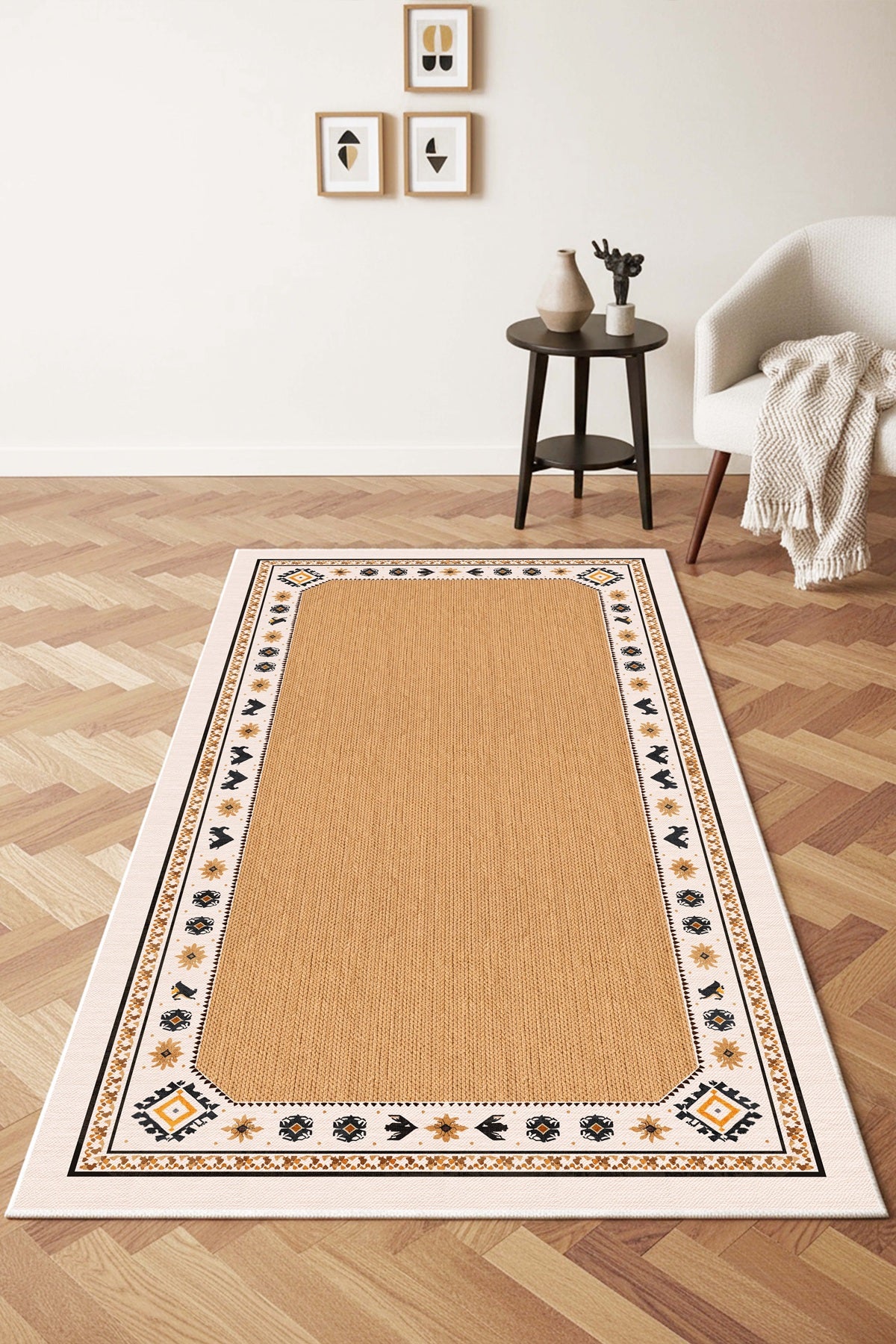 West Home Digital Print Washable Non-Slip Living Room, Kitchen and Hallway Rug - 786 Beige