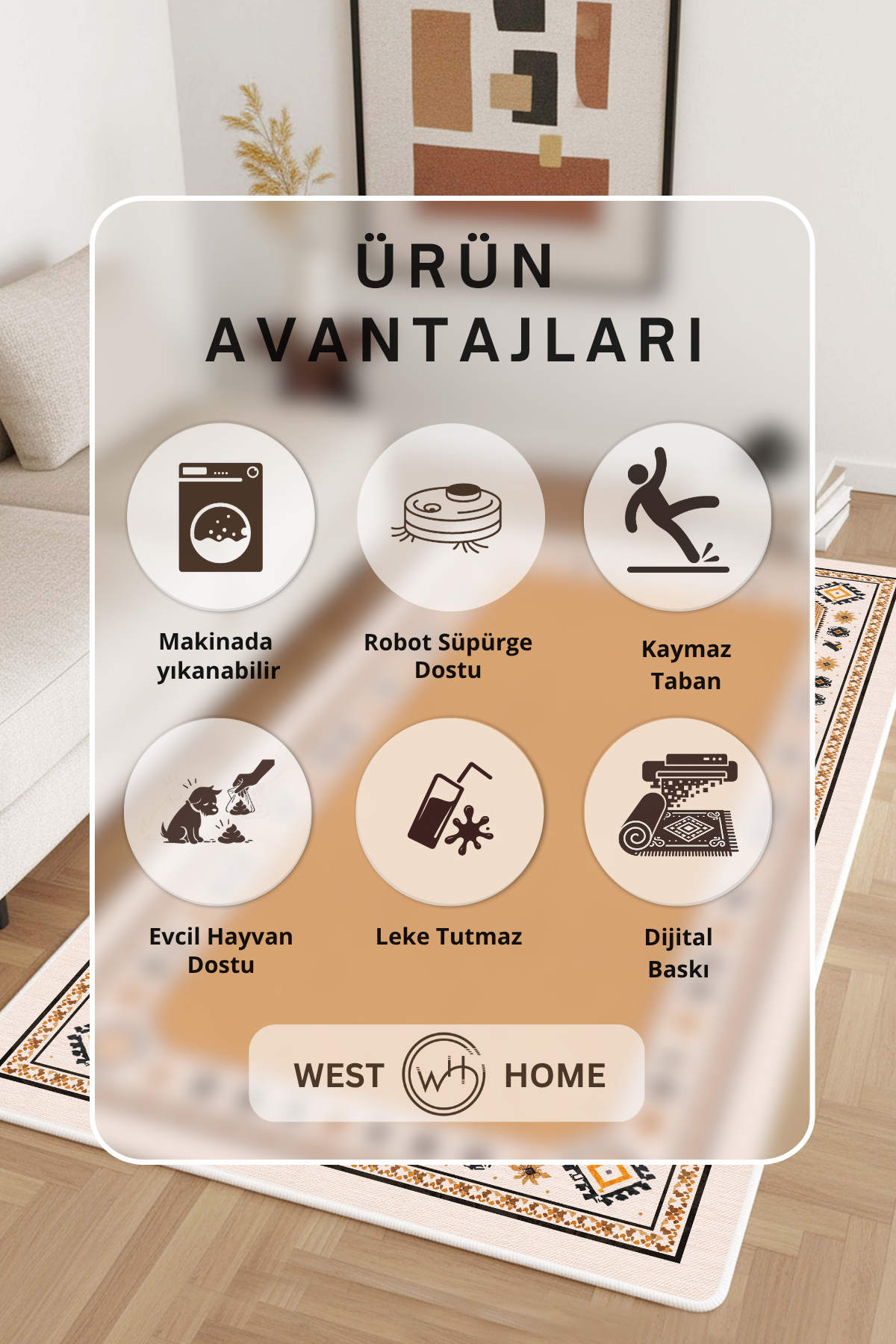 West Home Digital Print Washable Non-Slip Living Room, Kitchen and Hallway Rug - 786 Beige