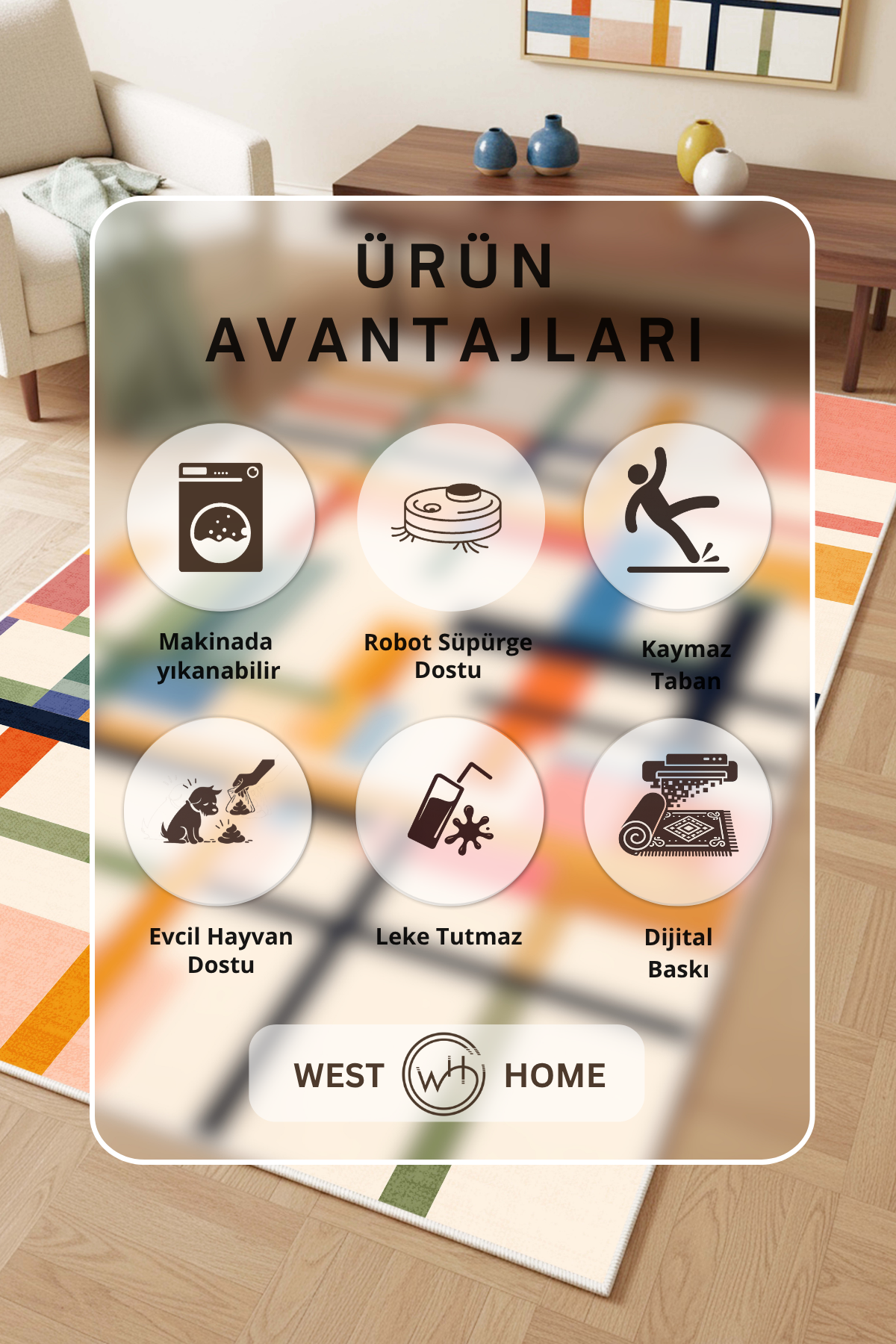 West Home Digital Print Washable Non-Slip Base Living Room, Kitchen and Hallway Rug - 859 Multy