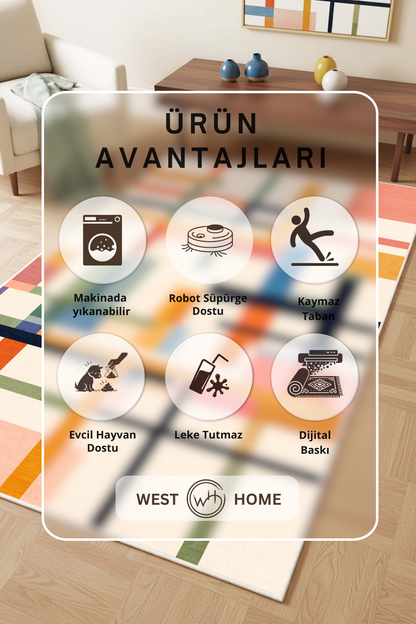 West Home Digital Print Washable Non-Slip Base Living Room, Kitchen and Hallway Rug - 859 Multy