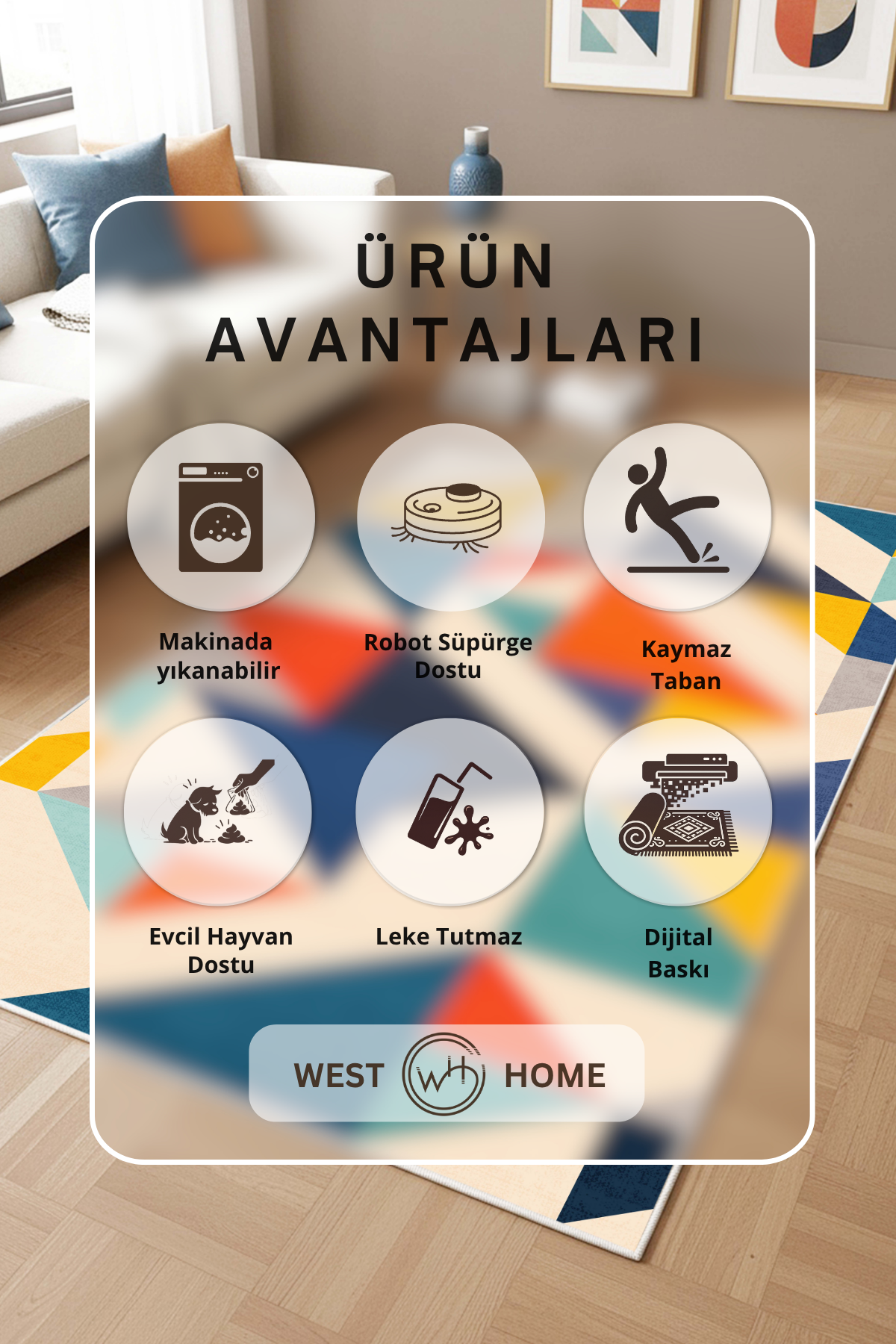 West Home Dijital Baskılı Yıkanabilir Kaymaz Taban Salon, Mutfak ve Yolluk Halısı-906 Multy