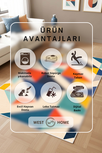 West Home Dijital Baskılı Yıkanabilir Kaymaz Taban Salon, Mutfak ve Yolluk Halısı-906 Multy