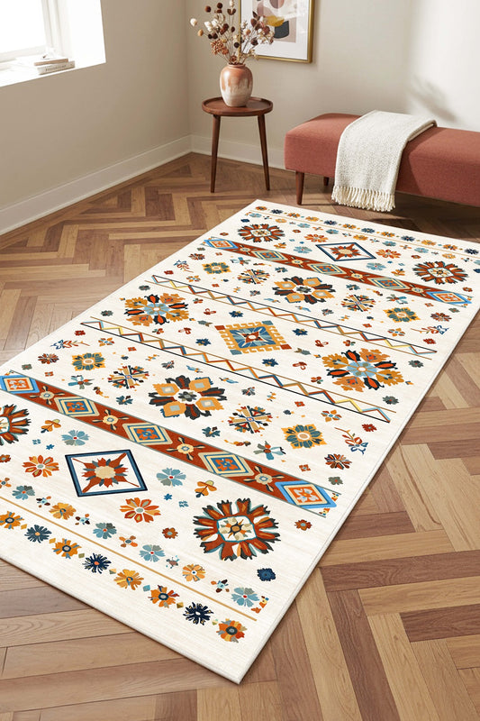 West Home Digital Print Washable Non-Slip Living Room, Kitchen and Hallway Rug - 786 Beige