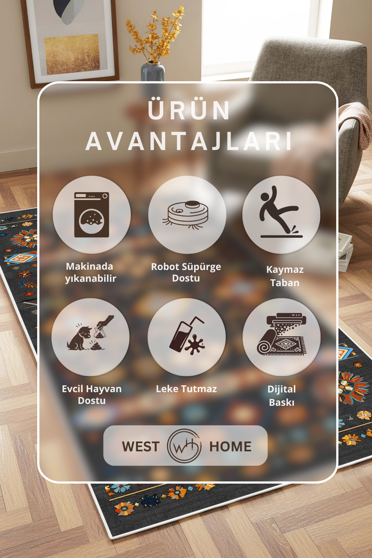 West Home Dijital Baskılı Yıkanabilir Kaymaz Taban Salon, Mutfak ve Yolluk Halısı-907 Grey