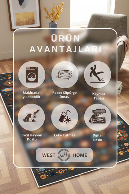 West Home Dijital Baskılı Yıkanabilir Kaymaz Taban Salon, Mutfak ve Yolluk Halısı-907 Grey