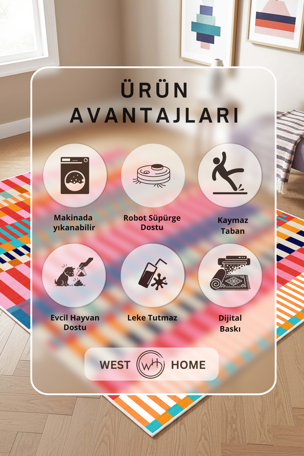 West Home Digital Print Washable Non-Slip Base Living Room, Kitchen and Hallway Rug - 859 Multy