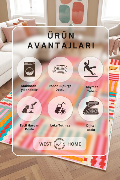 West Home Digital Print Washable Non-Slip Base Living Room, Kitchen and Hallway Rug - 859 Multy