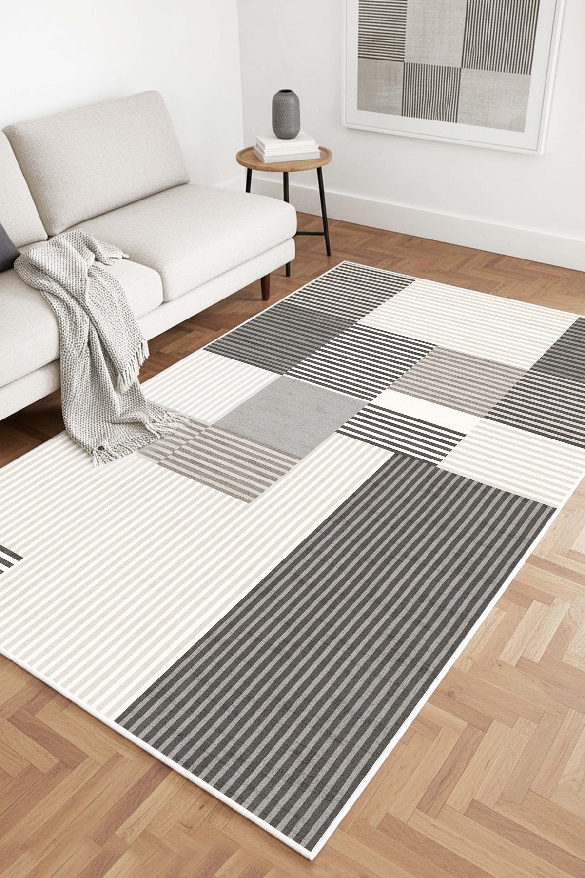 West Home Digital Print Washable Non-Slip Living Room, Kitchen and Hallway Rug - 738 Grey