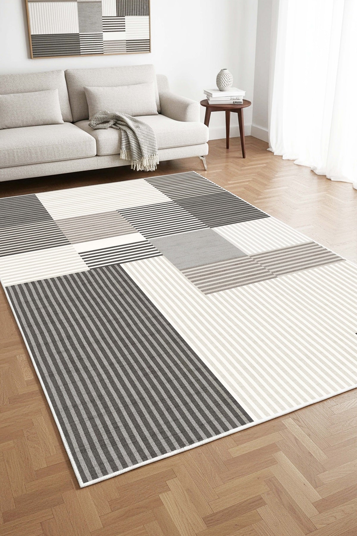 West Home Digital Print Washable Non-Slip Living Room, Kitchen and Hallway Rug - 738 Grey