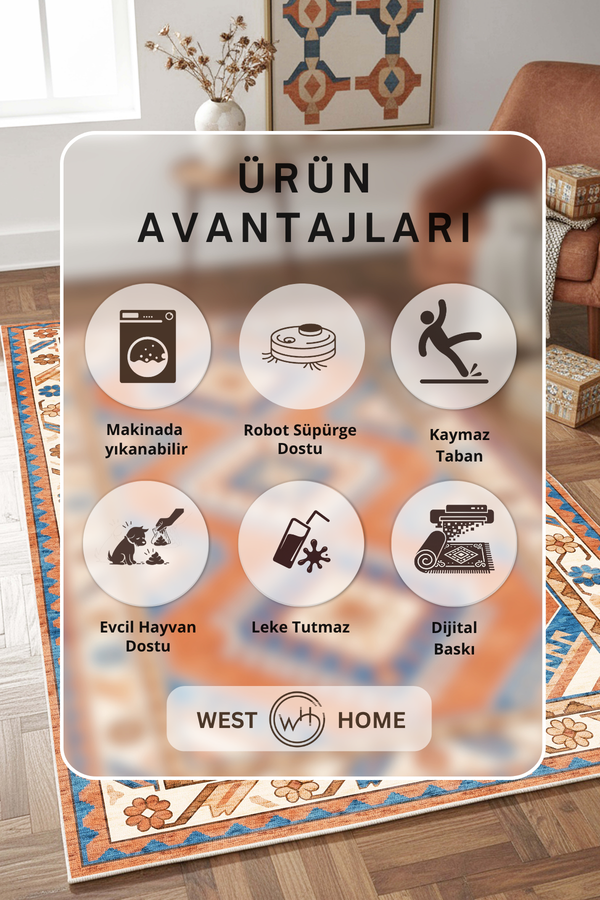 West Home Digital Print Washable Non-Slip Base Living Room, Kitchen and Hallway Rug - 859 Multy