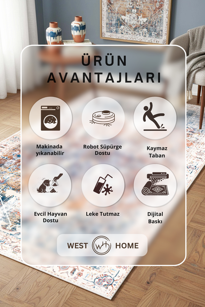 West Home Digital Print Washable Non-Slip Base Living Room, Kitchen and Hallway Rug - 859 Multy