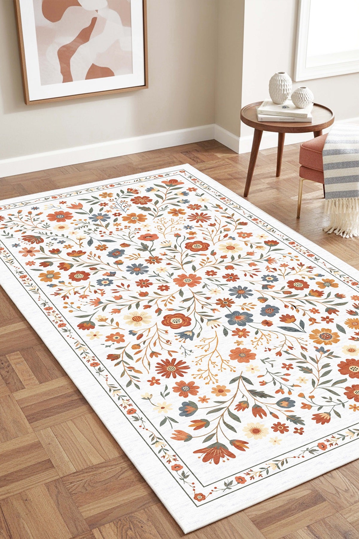 West Home Digital Print Washable Non-Slip Living Room, Kitchen and Hallway Rug - 855 White
