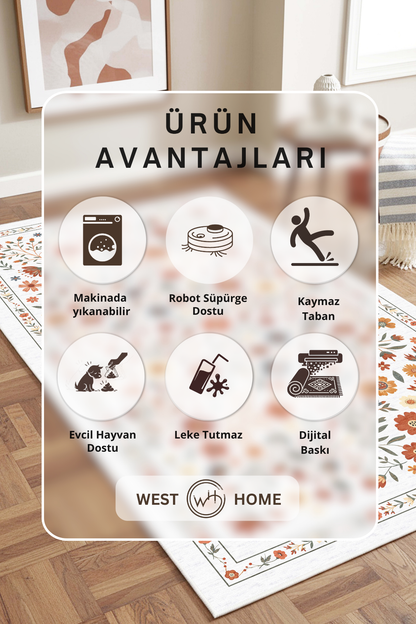 West Home Digital Print Washable Non-Slip Living Room, Kitchen and Hallway Rug - 855 White