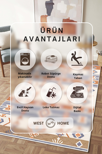 West Home Digital Print Washable Non-Slip Base Living Room, Kitchen and Hallway Rug - 859 Multy