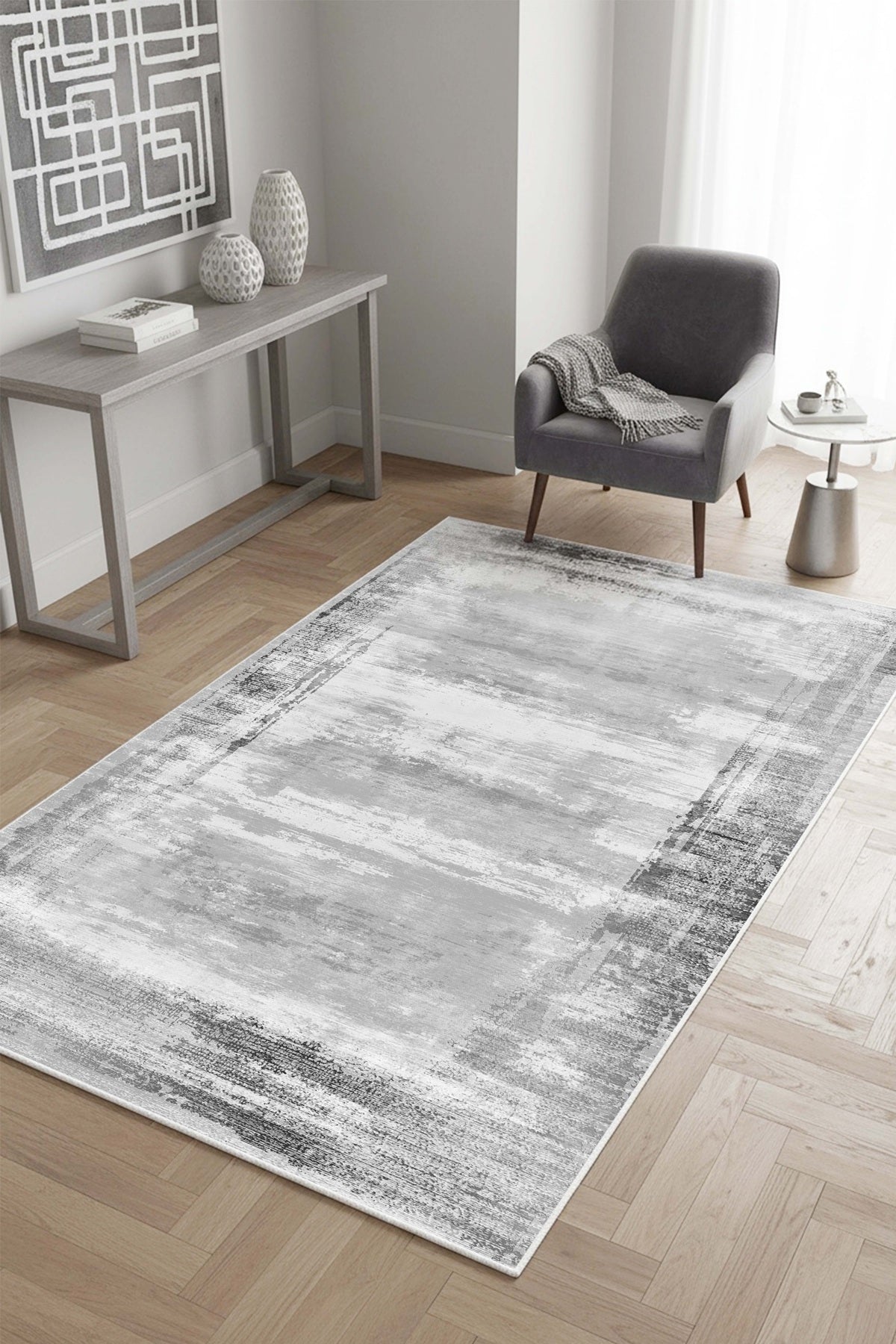 West Home Digital Print Washable Non-Slip Living Room, Kitchen and Hallway Rug - 281 Grey