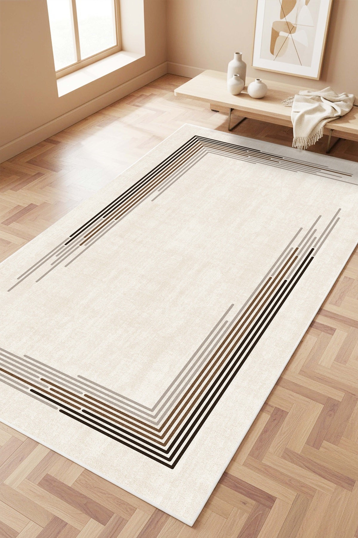 West Home Digital Print Washable Non-Slip Living Room, Kitchen and Hallway Rug - 422 Beige